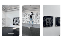 four pictures of a room with black and white paintings