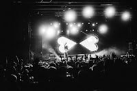 a black and white photo of a crowd at a concert